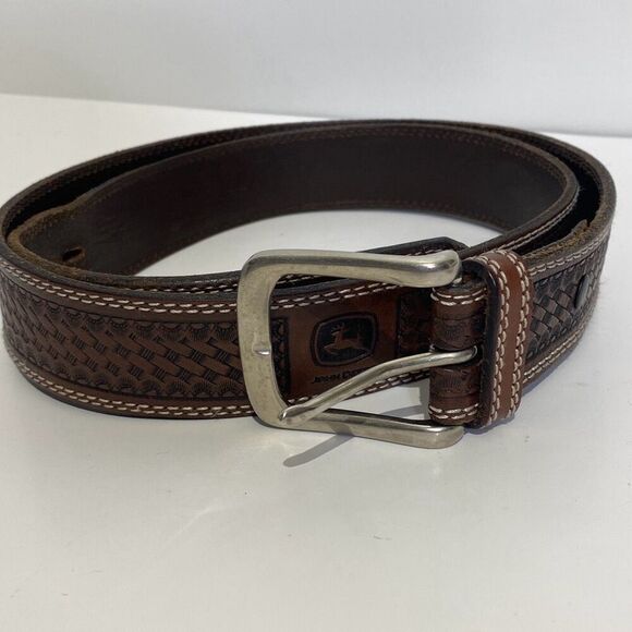 John Deere Men's Brown Basketweave Genuine Leather Adjustable Belt 47" - Picture 1 of 7